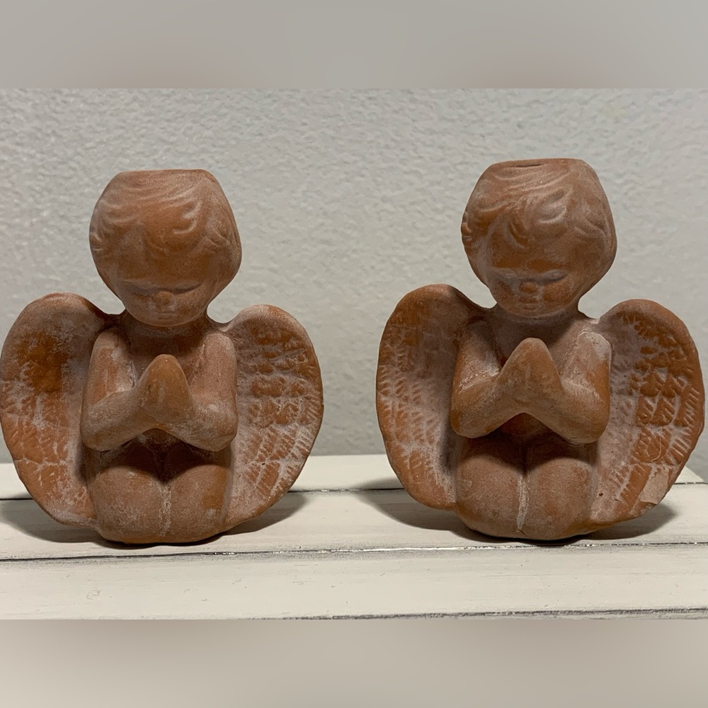 2 Nobel Terra Cotta Angel Small Candle Holders Christmas Religious